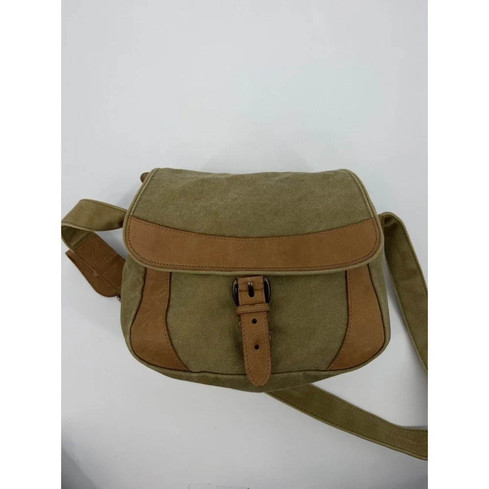 LL Bean Canvas Messenger Bag Olive Green Leather Trim Crossbody Field Bag Vtg